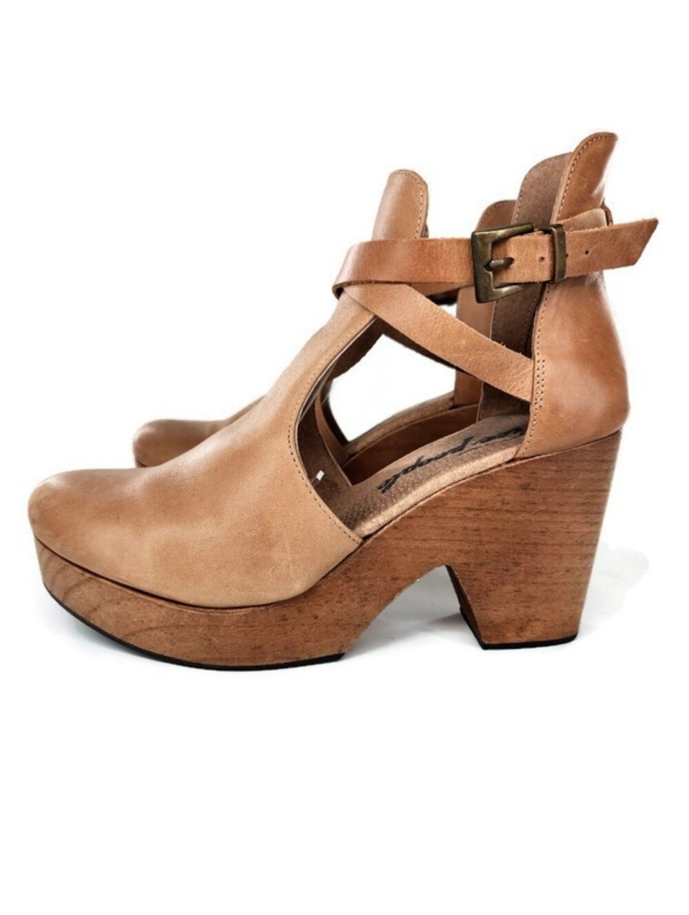Free People Cedar Tan Smooth Leather Wooden High Heel Platform Clogs - Picture 4 of 14